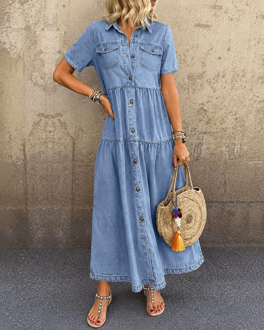 Grace™ | Robe midi en denim boutonnée qui dissimule le ventre