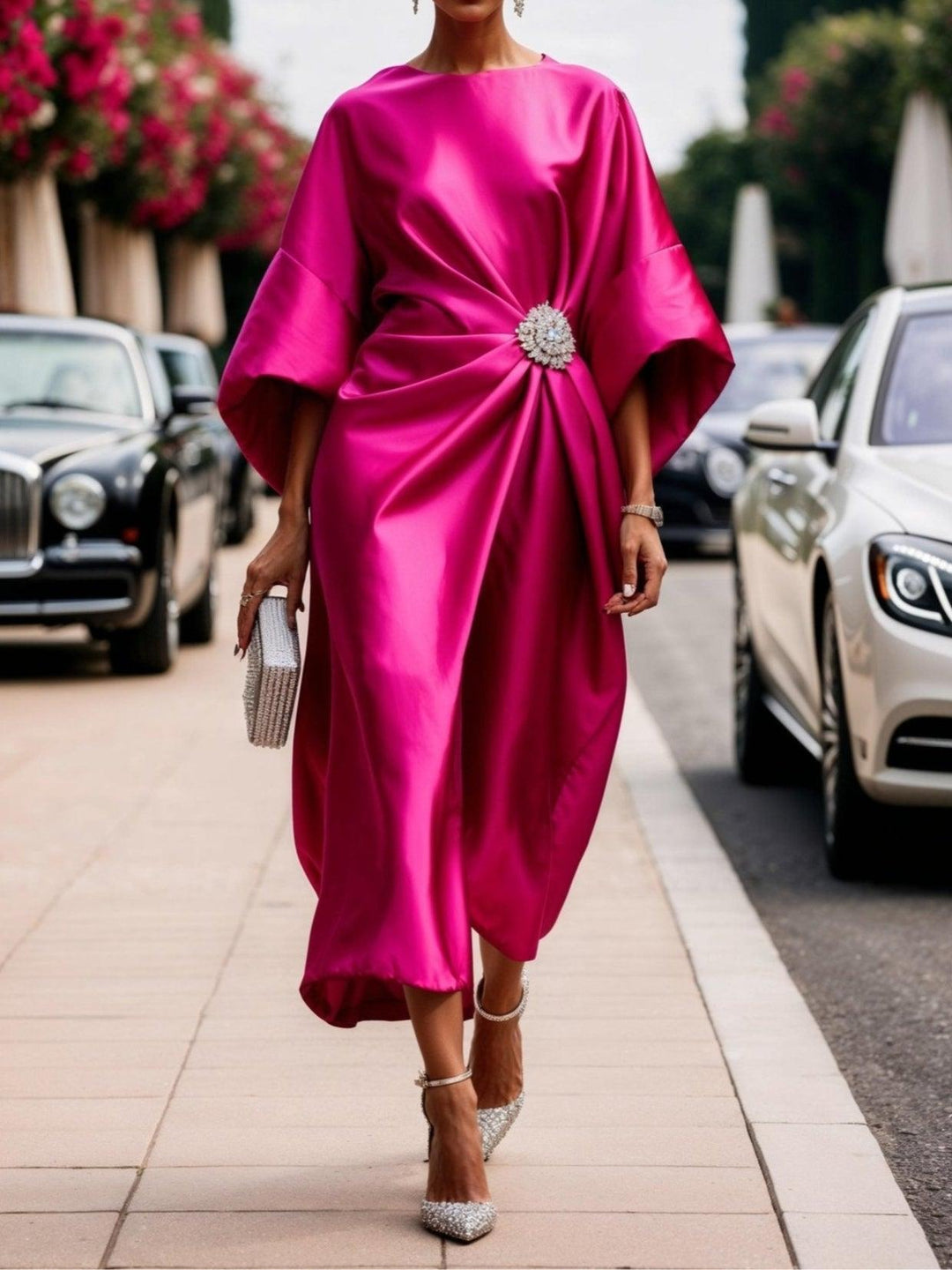 Celeste™ | Luxe Satin Draped Midi Dress with Crystal Brooch