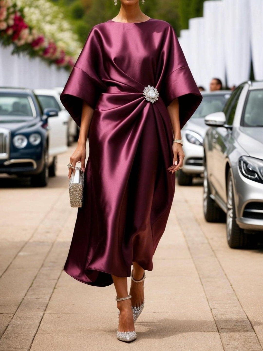Celeste™ | Luxe Satin Draped Midi Dress with Crystal Brooch