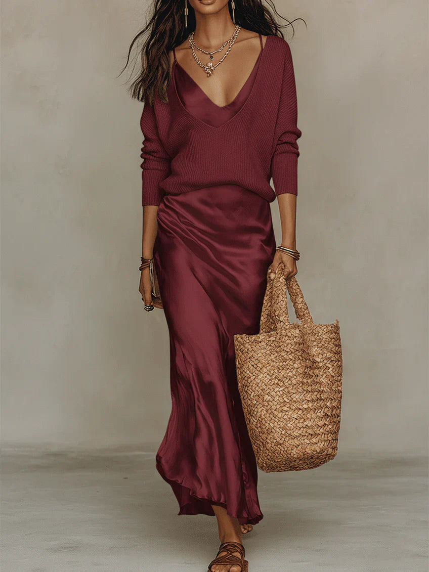 Fontaine™ | Elena – Ensemble robe midi satinée et pull assorti