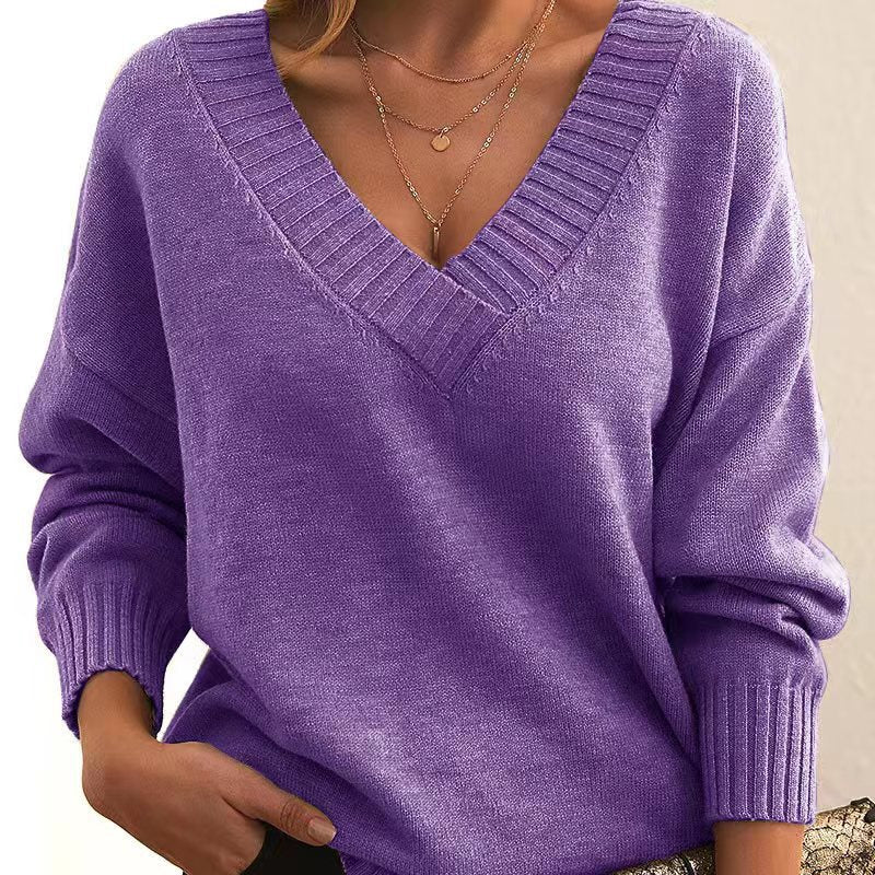 Avora | Plain V-Neck Jumper – Loose Fashion Knit