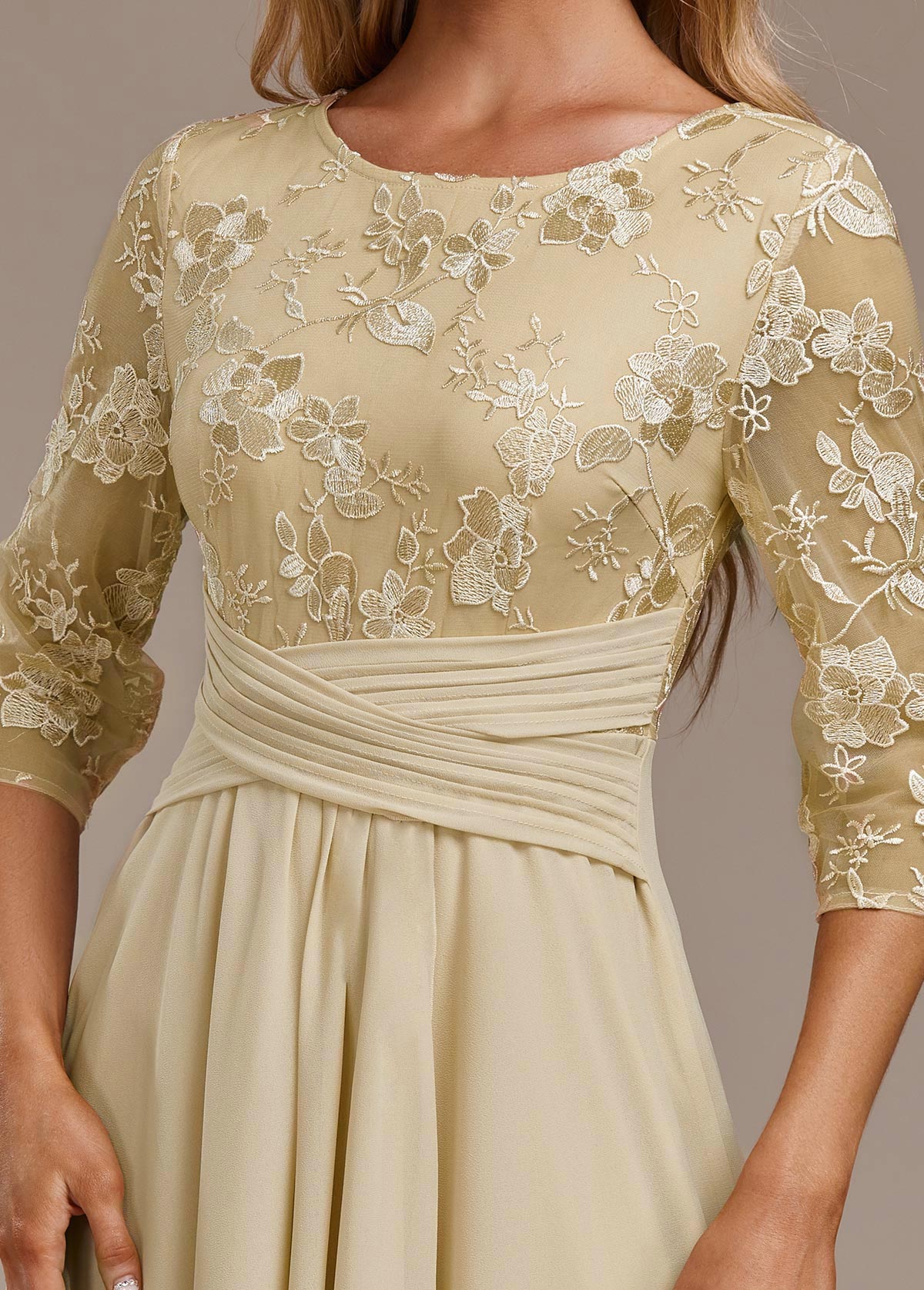 Raelyn™ | Champagne Embroidered 3/4 Sleeve Dress