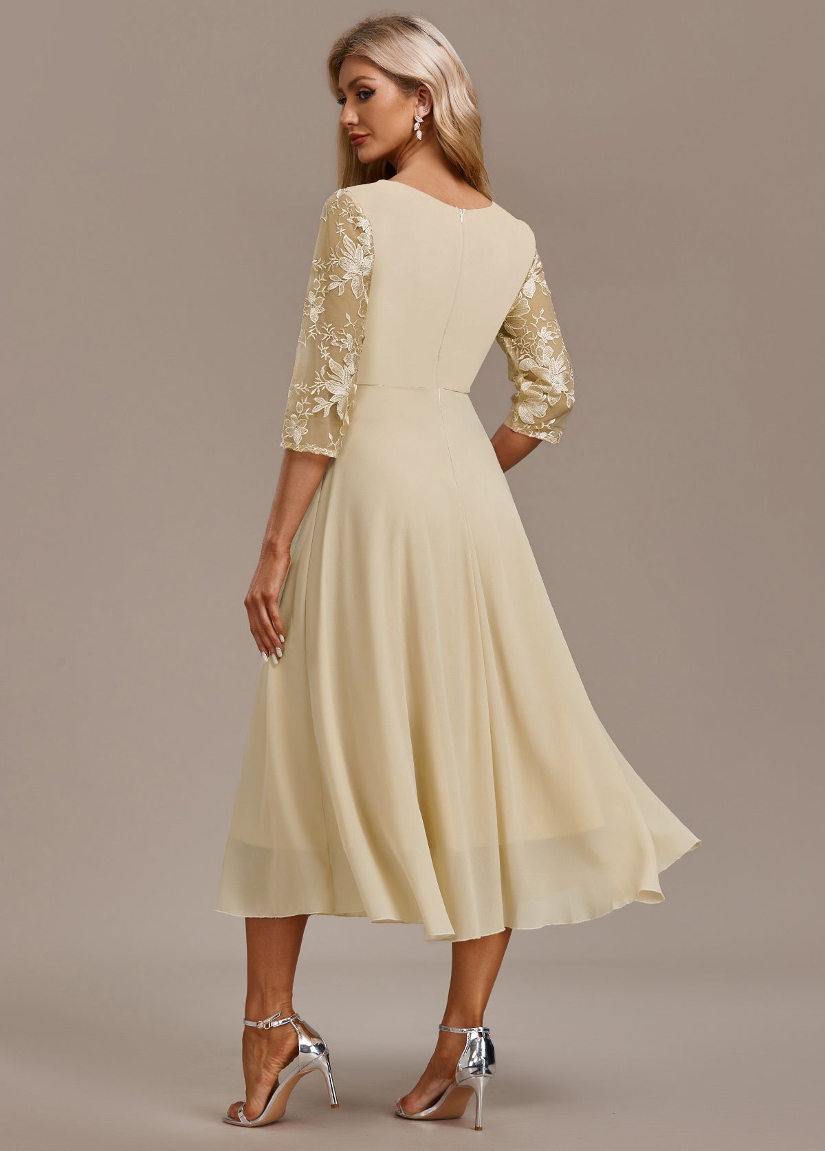 Raelyn™ | Champagne Embroidered 3/4 Sleeve Dress