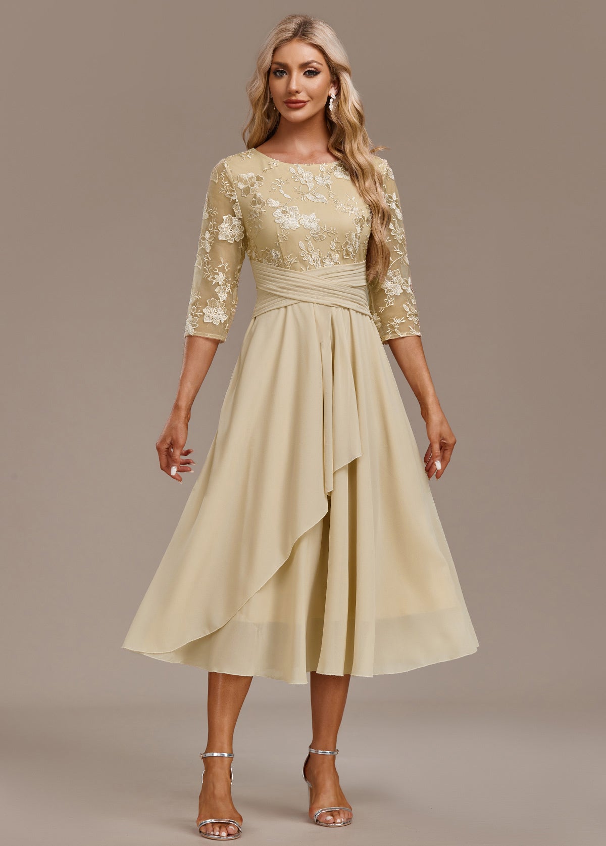 Raelyn™ | Champagne Embroidered 3/4 Sleeve Dress