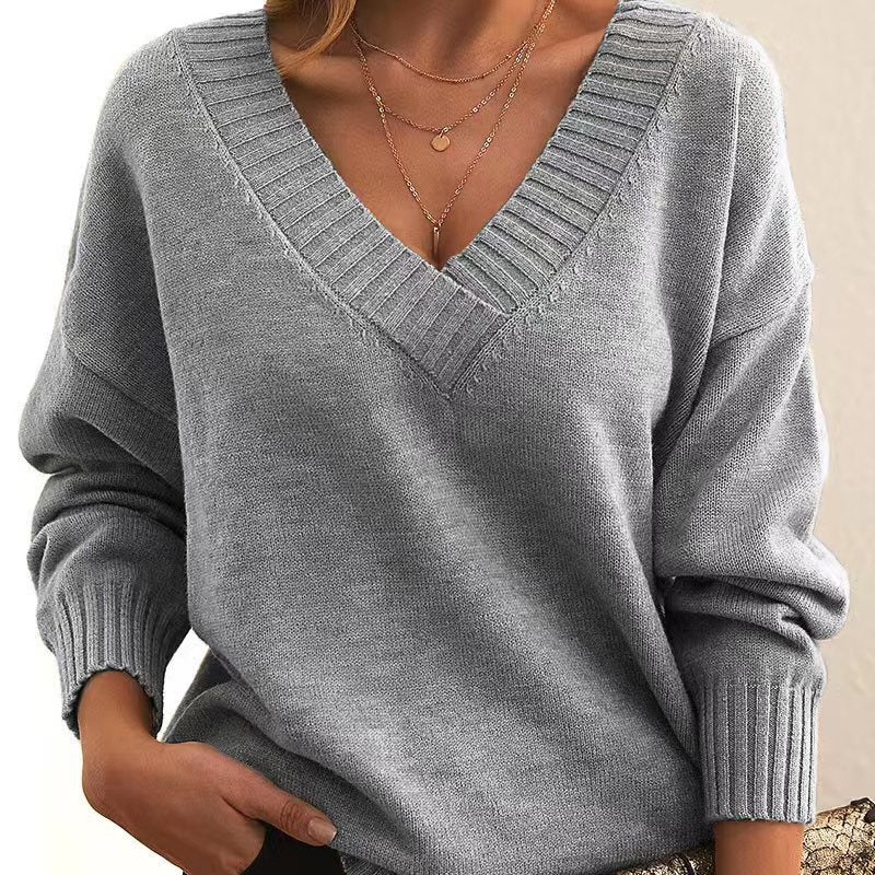 Avora | Plain V-Neck Jumper – Loose Fashion Knit