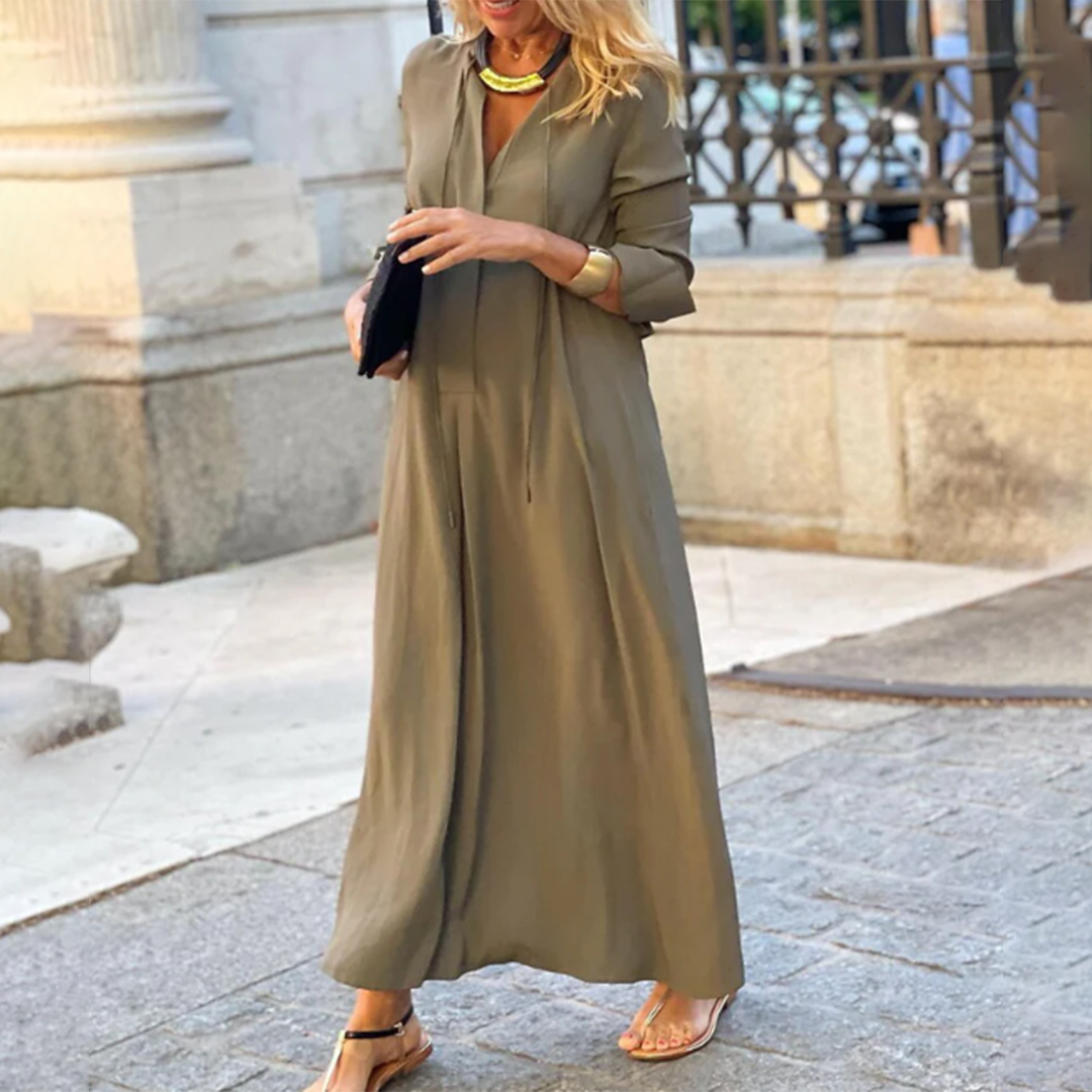 Fontaine™ | Maya – Robe maxi élégante à col en V et manches mi-longues