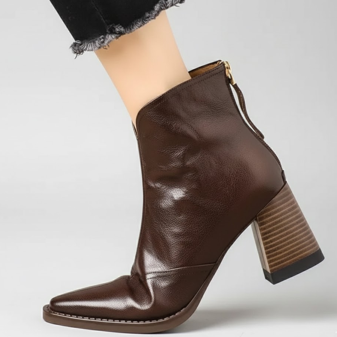 Mid-Heel Leather Ankle Boots