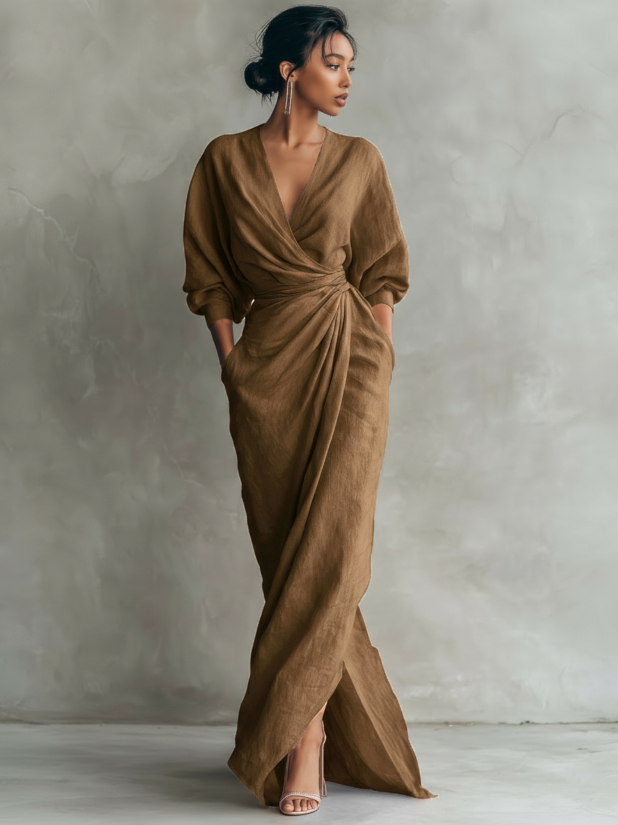 Aroha™ | Minimalist V-neck Linen Blend Maxi Dress