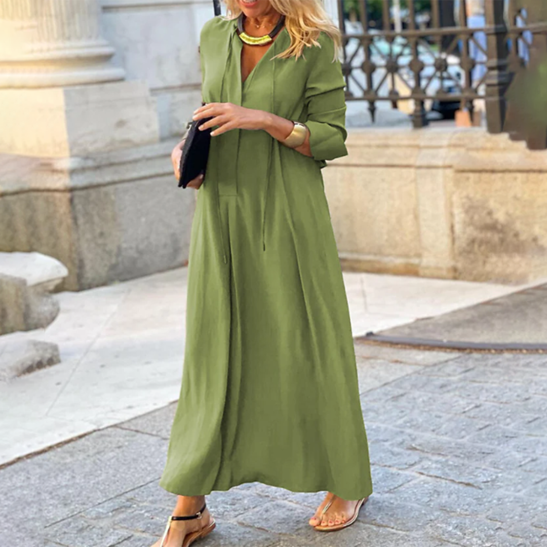 Fontaine™ | Maya – Robe maxi élégante à col en V et manches mi-longues