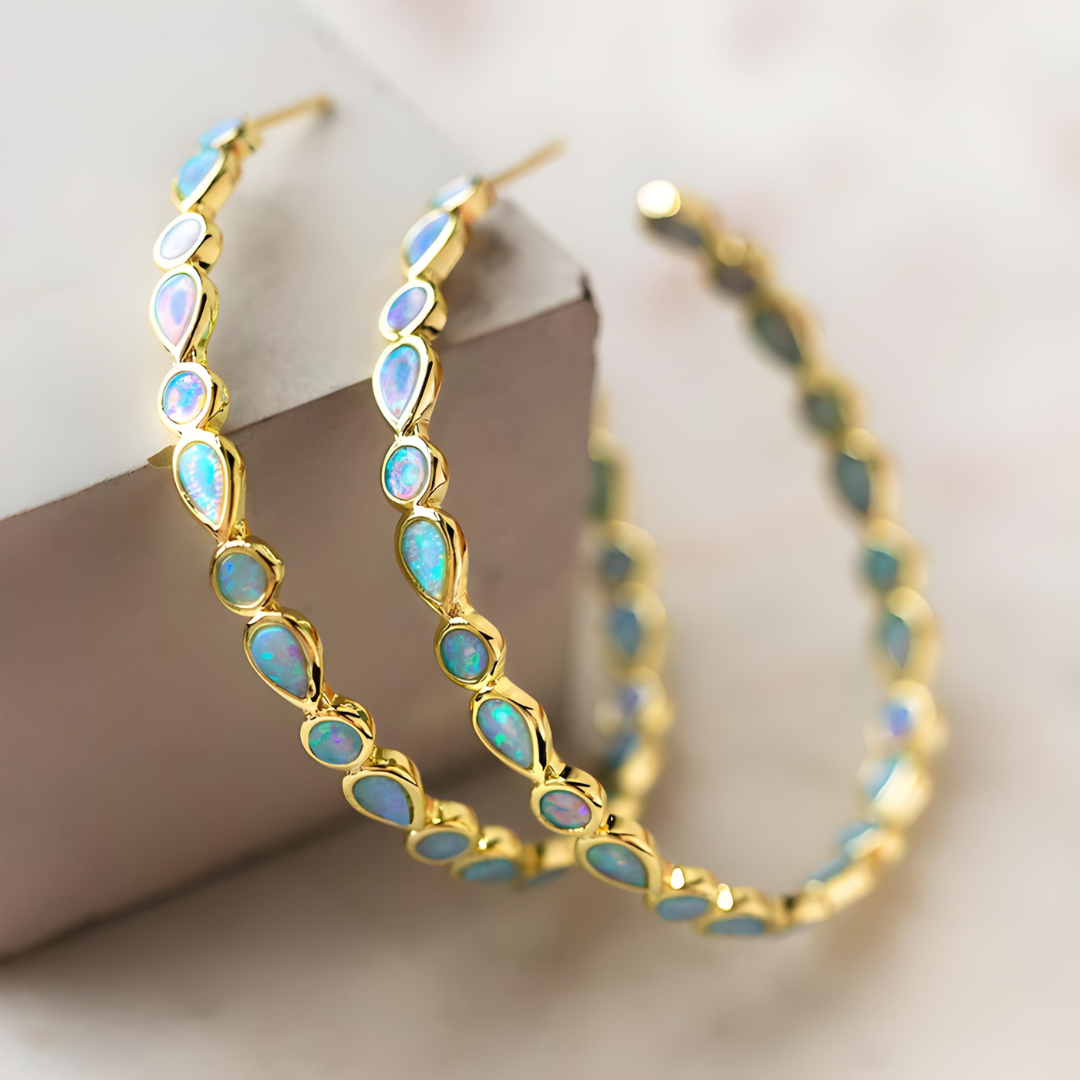 Donna™ Vintage Blue and Opal Golden Hoop Earrings