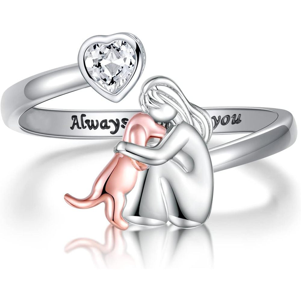Handcrafted Silver Dog Ring with Heart-Shaped Zirconia – Adjustable Fit