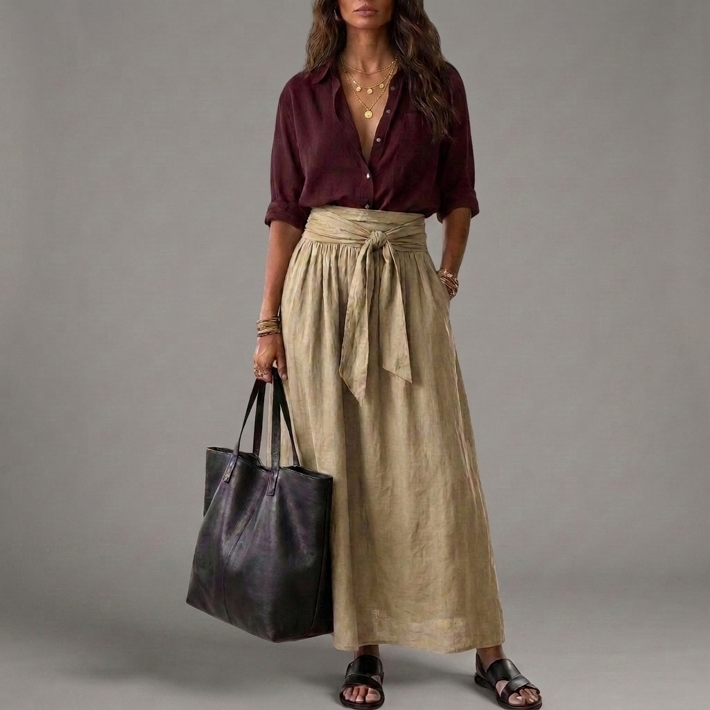 NAOMI | Two-Piece Set: Black Top and Olive Green Midi Skirt