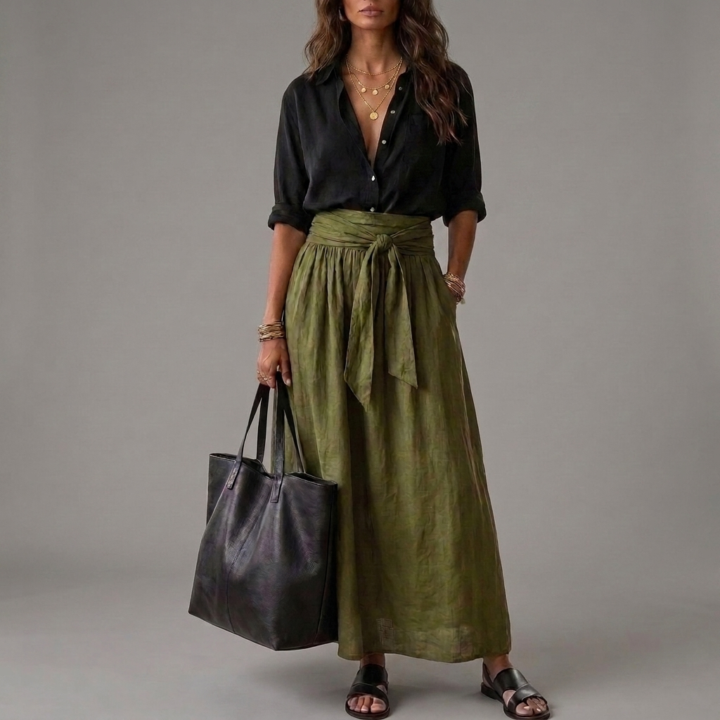 NAOMI | Two-Piece Set: Black Top and Olive Green Midi Skirt