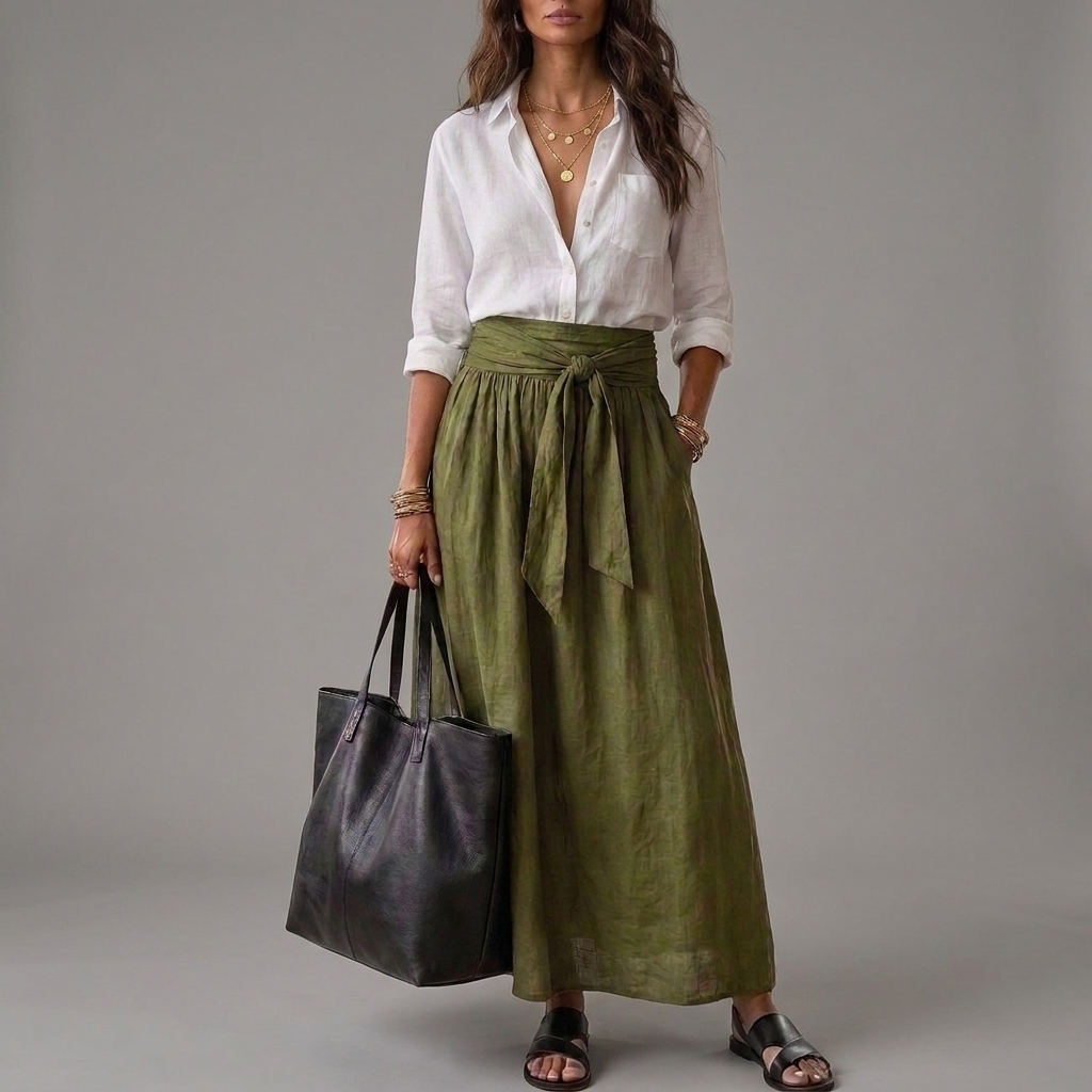 NAOMI | Two-Piece Set: Black Top and Olive Green Midi Skirt