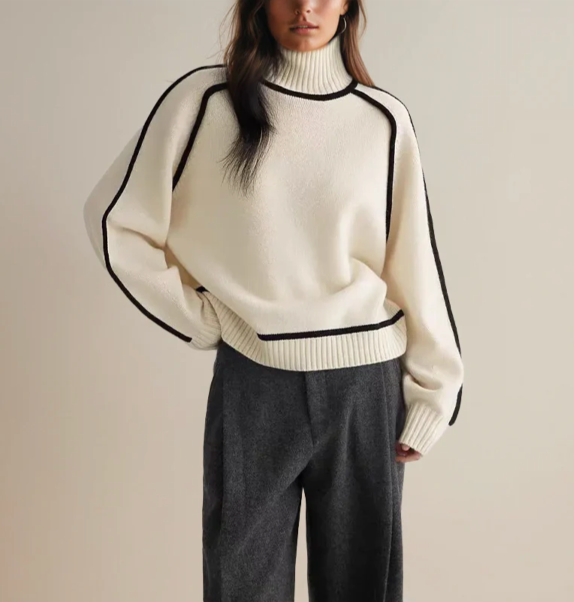 Ivory™ | Contrast Trim Turtleneck Knit Sweater