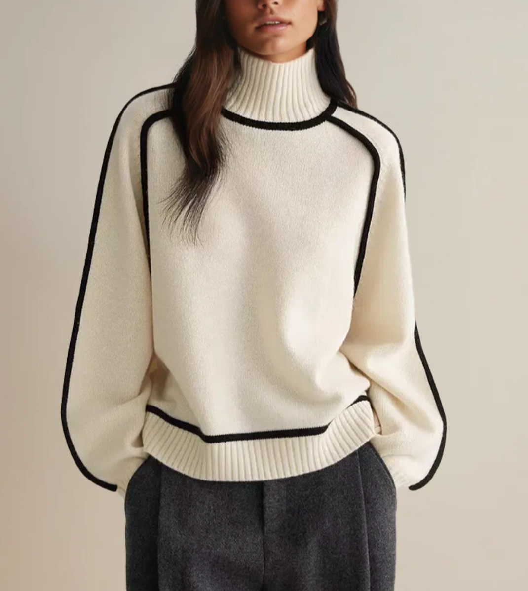 Ivory™ | Contrast Trim Turtleneck Knit Sweater