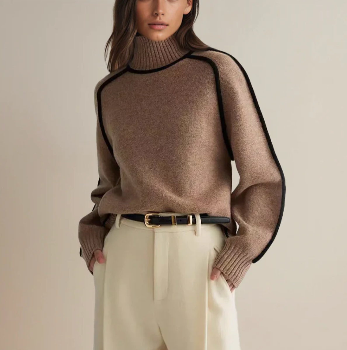 Ivory™ | Contrast Trim Turtleneck Knit Sweater
