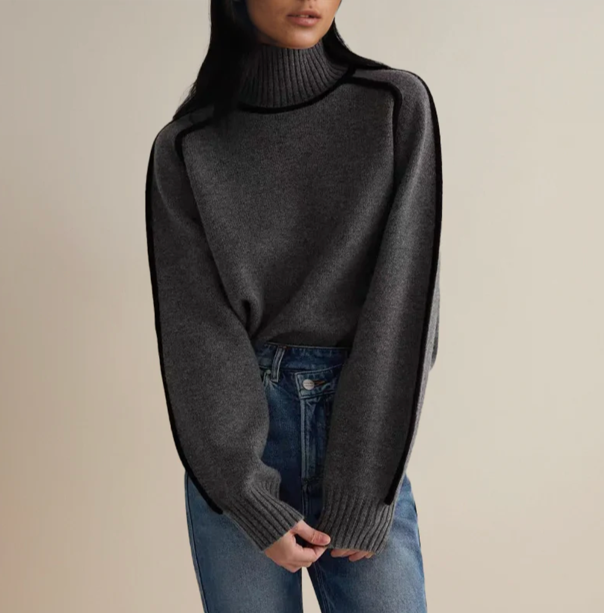 Ivory™ | Contrast Trim Turtleneck Knit Sweater
