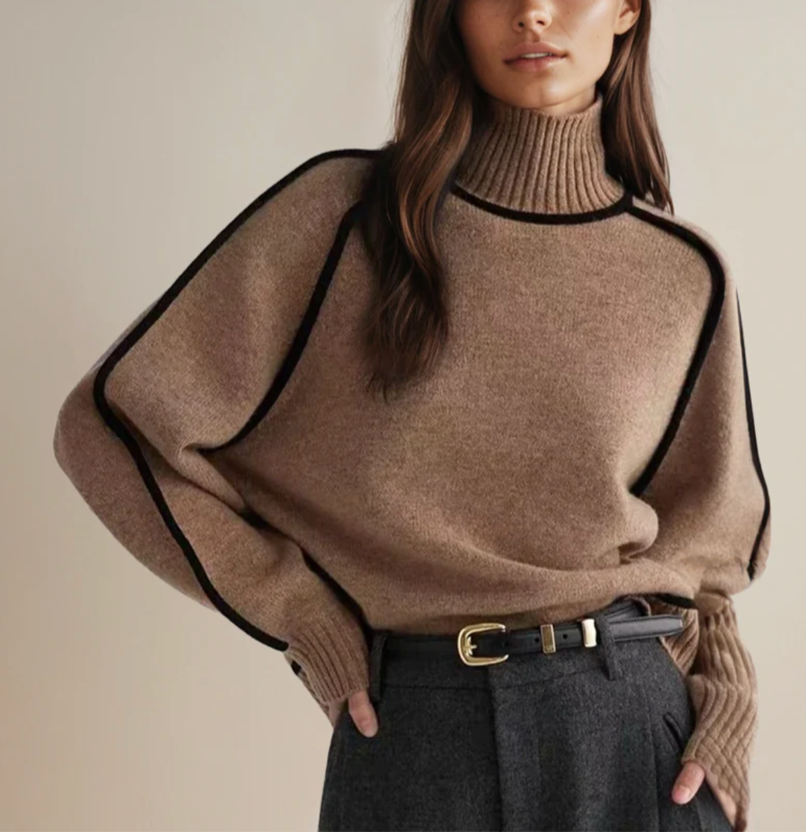 Ivory™ | Contrast Trim Turtleneck Knit Sweater