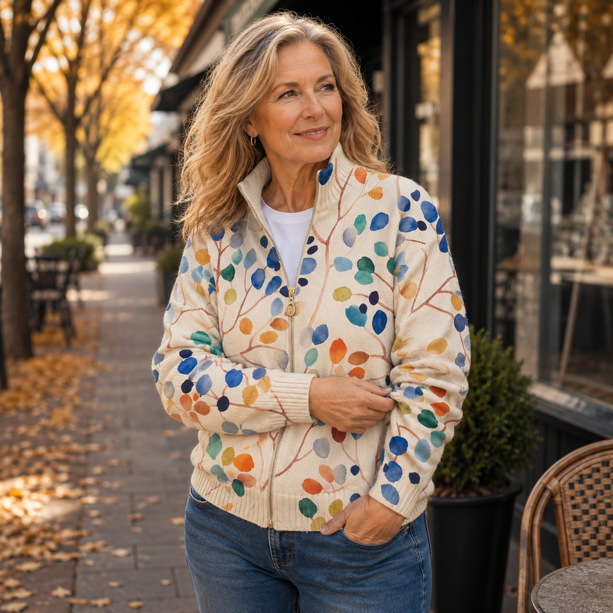 Imogene™ | Cardigan zippé à imprimé feuilles botaniques