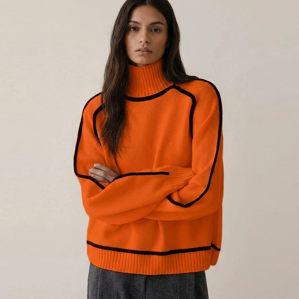 Ivory™ | Contrast Trim Turtleneck Knit Sweater