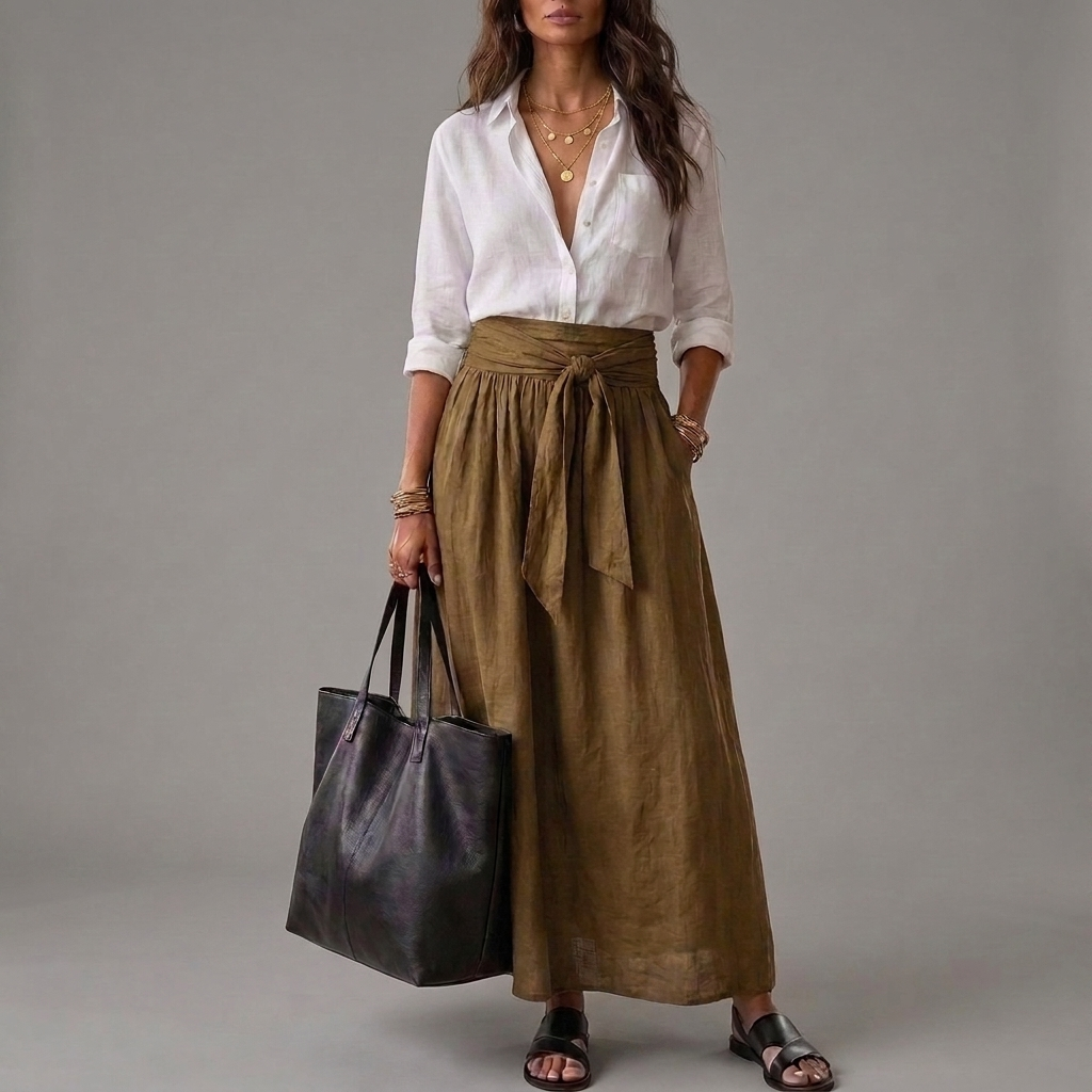 NAOMI | Two-Piece Set: Black Top and Olive Green Midi Skirt