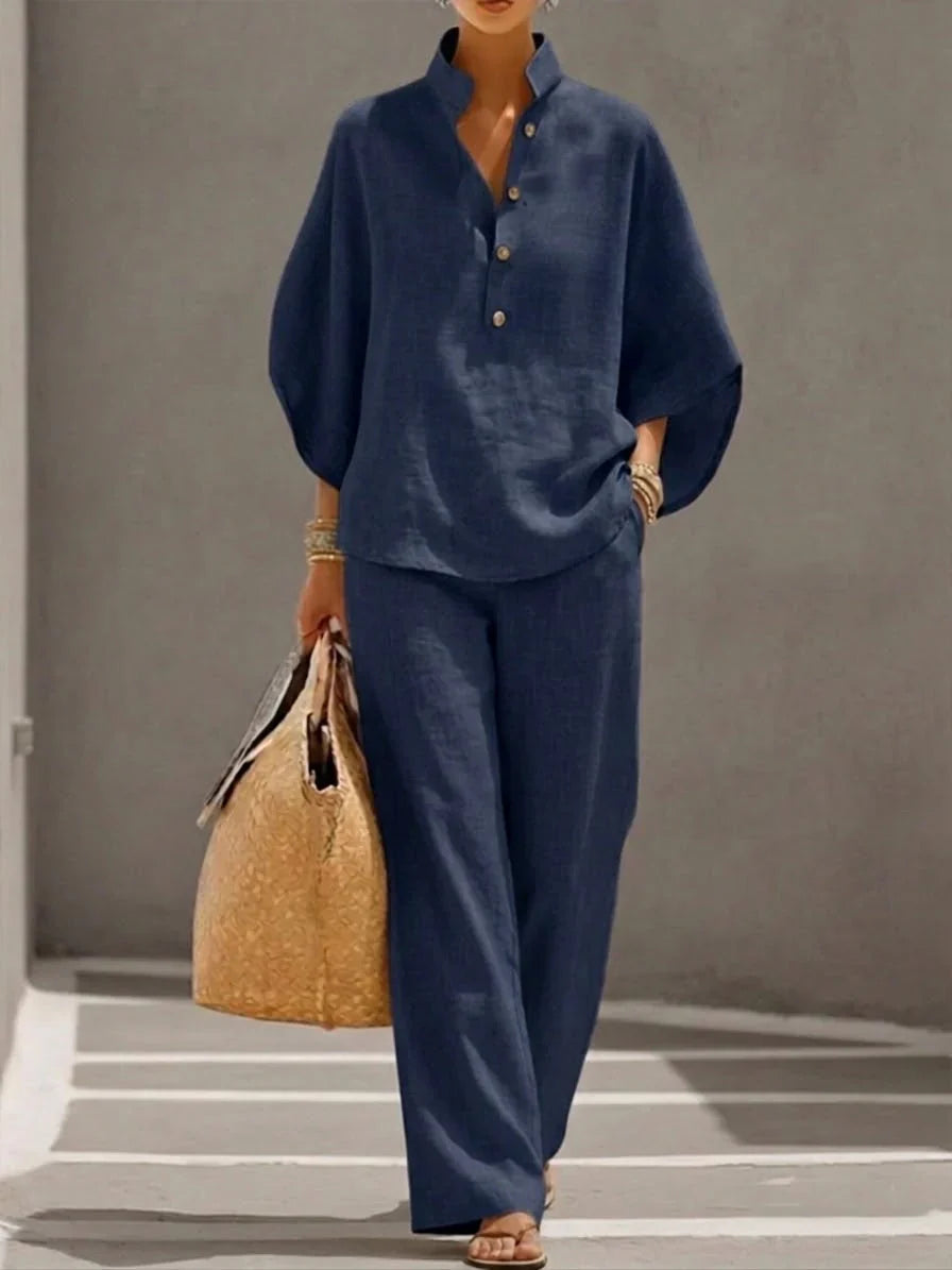 Maribel™ | Linen Set with Batwing Sleeves and Wide Trousers