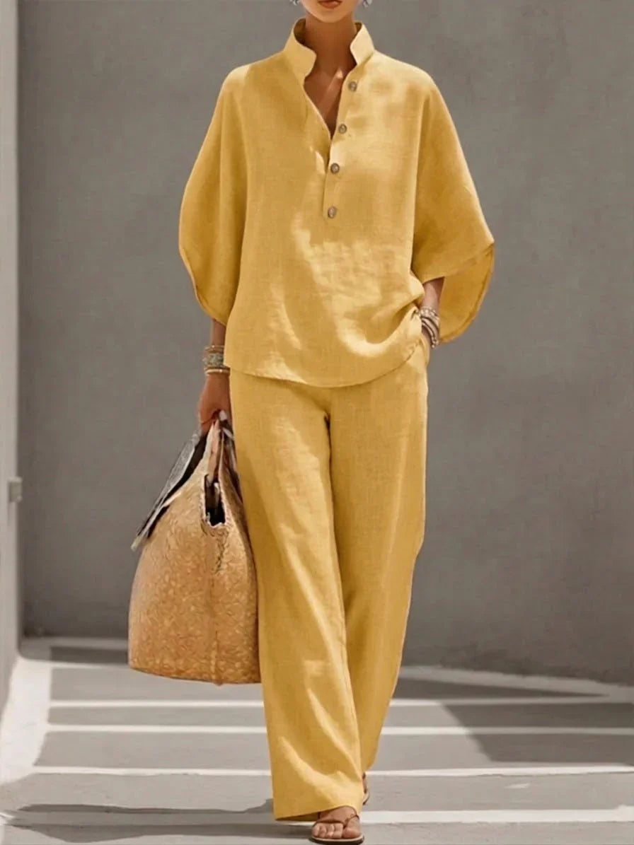 Maribel™ | Linen Set with Batwing Sleeves and Wide Trousers