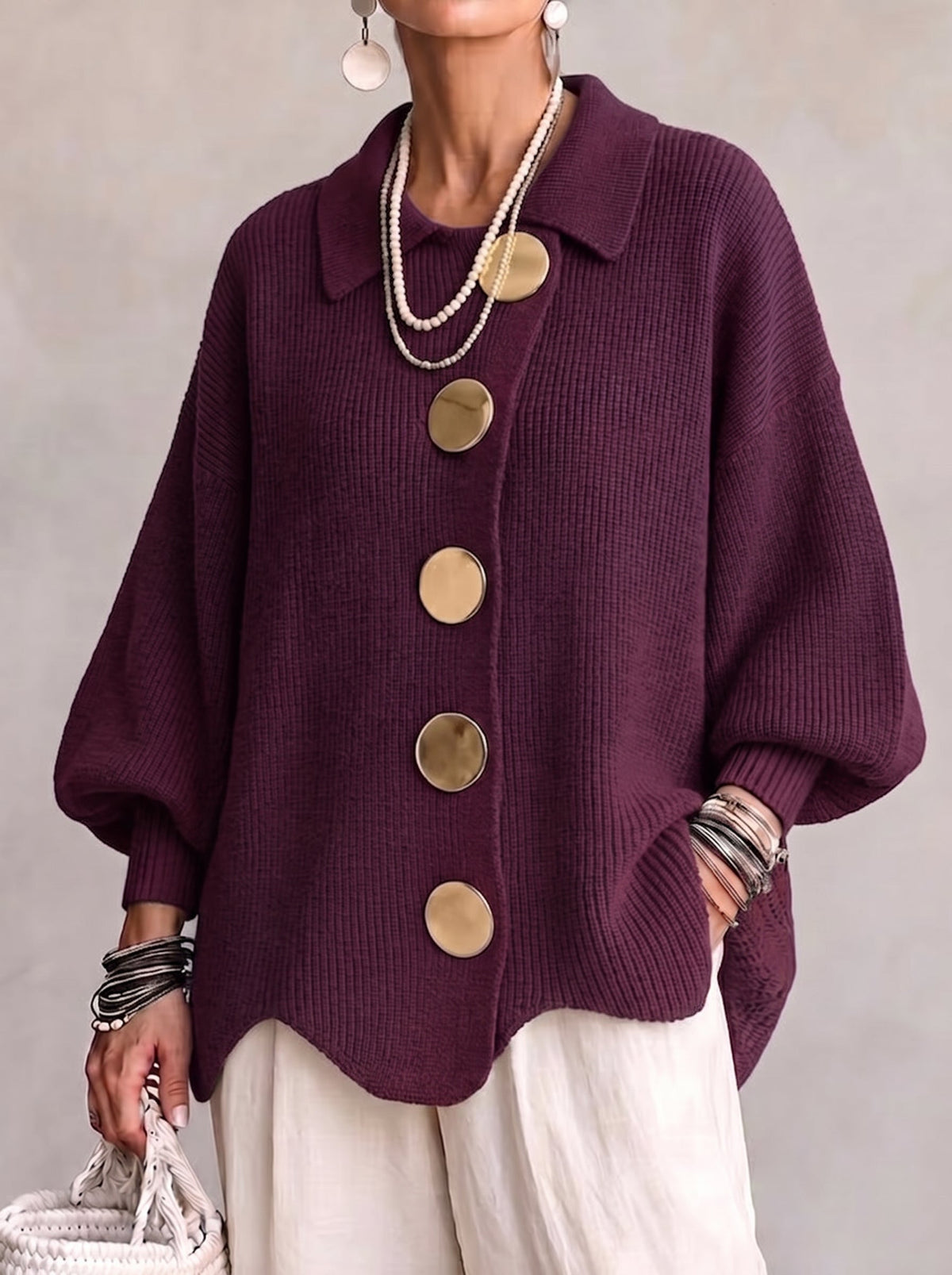 Isadora | Cardigan Surdimensionné à Col avec Gros Boutons Métalliques
