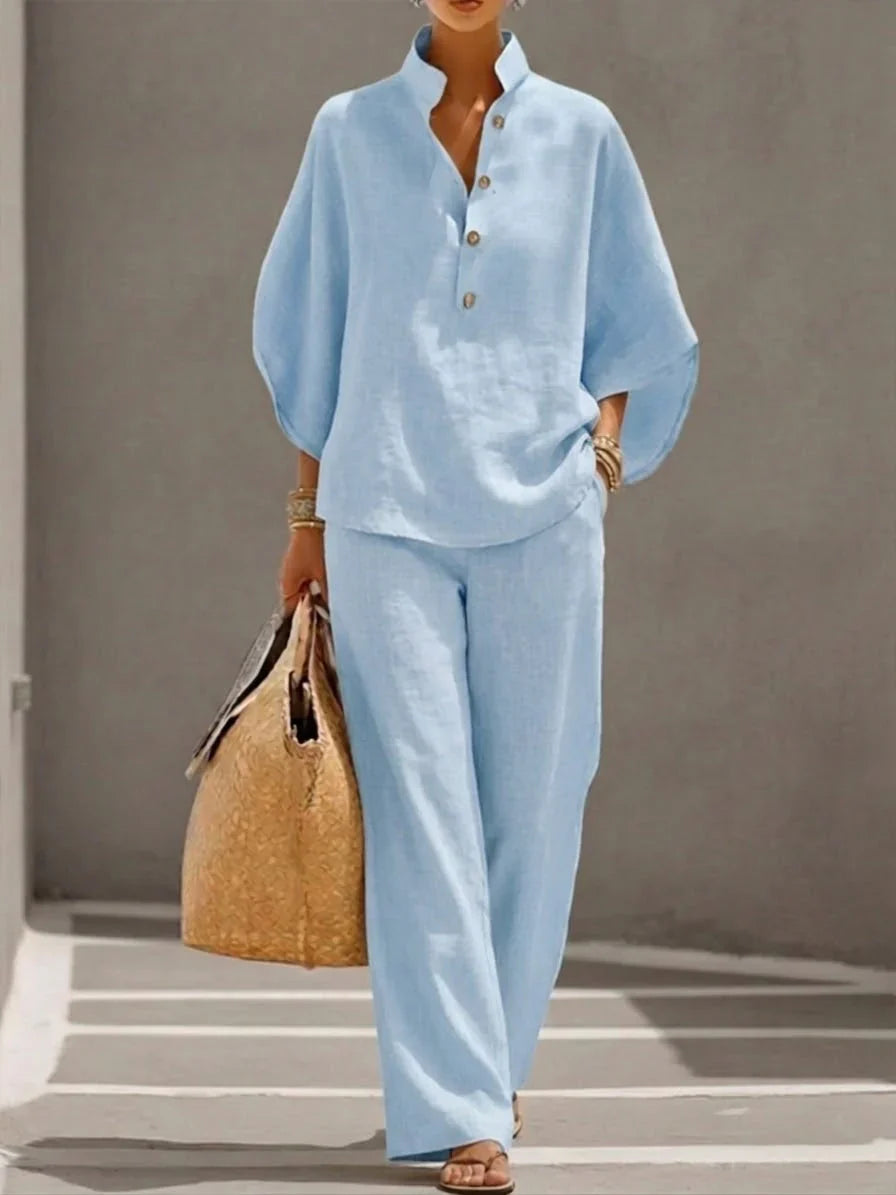 Maribel™ | Linen Set with Batwing Sleeves and Wide Trousers