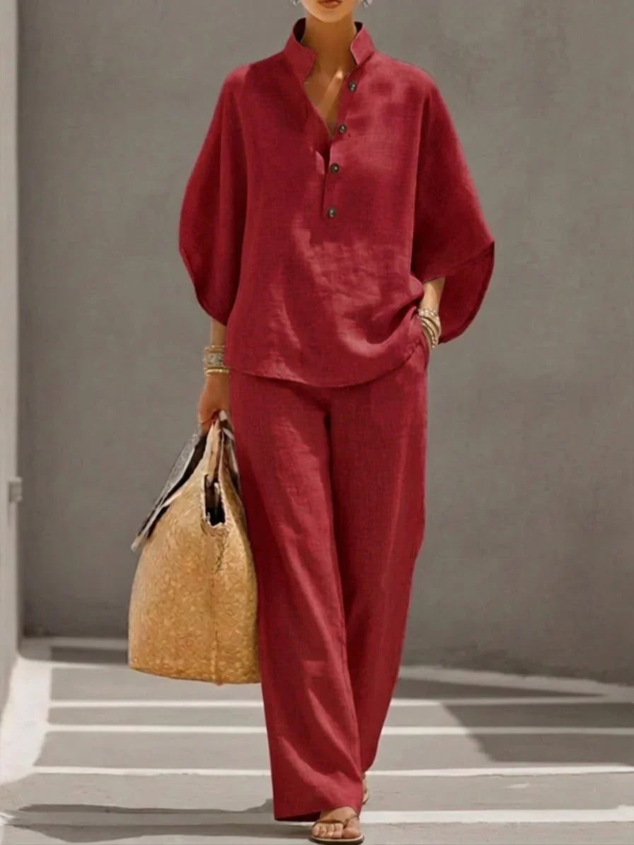 Maribel™ | Linen Set with Batwing Sleeves and Wide Trousers