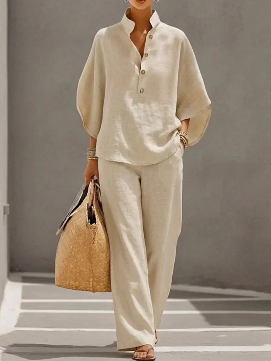 Maribel™ | Linen Set with Batwing Sleeves and Wide Trousers