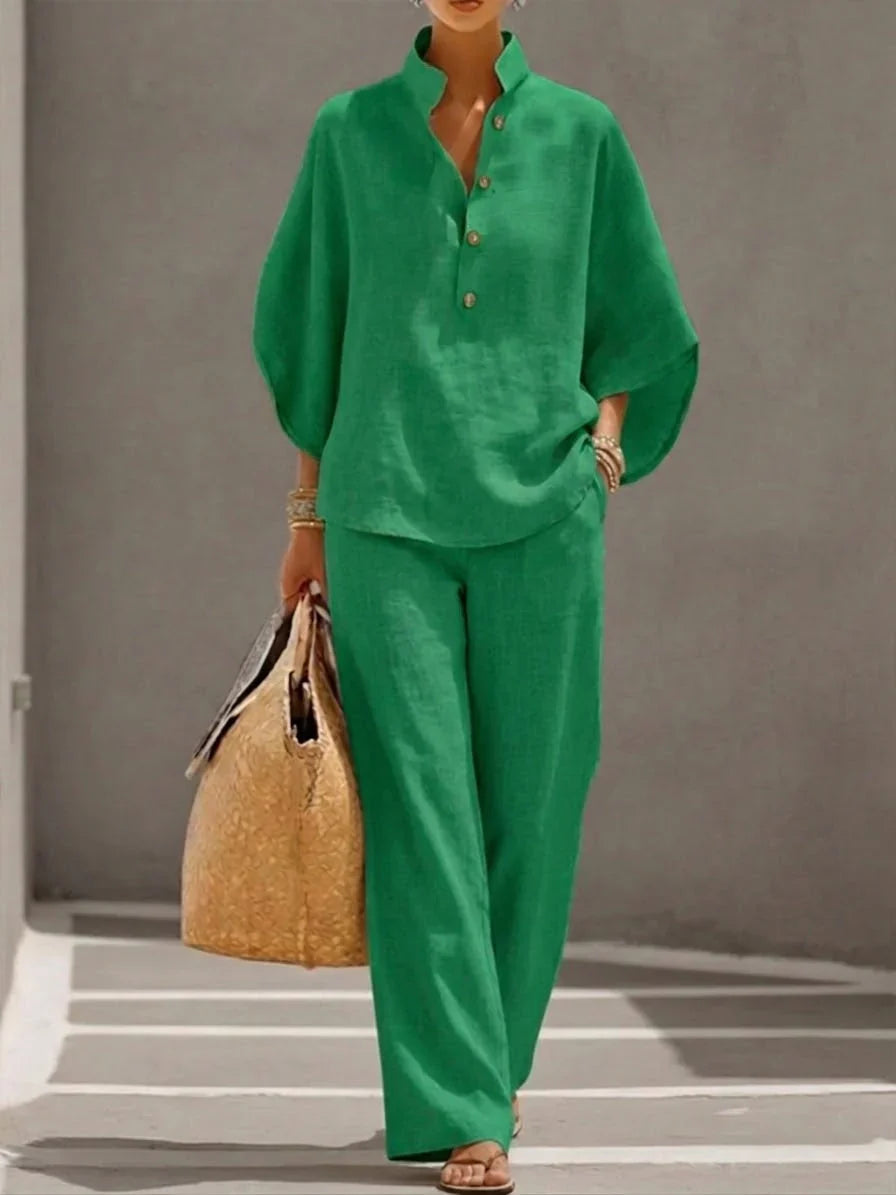 Maribel™ | Linen Set with Batwing Sleeves and Wide Trousers