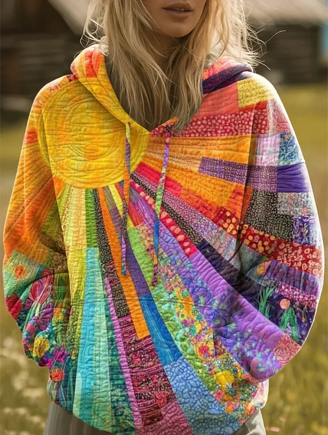 Chloé™ | Sweat à capuche bohème multicolore en patchwork