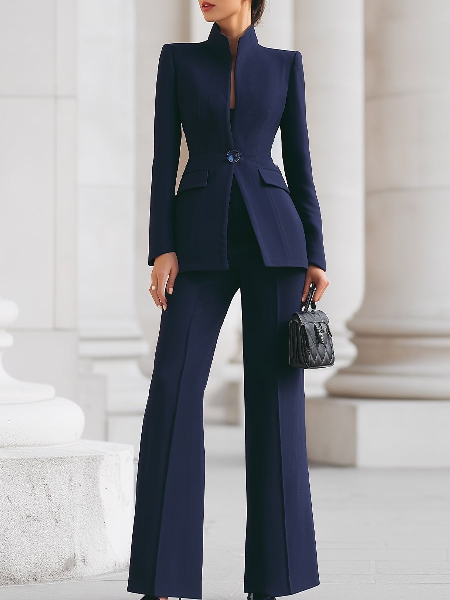 Structured High Collar Blazer & Wide Leg Trousers