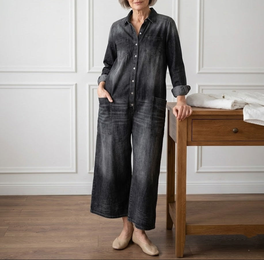 Diana | Combinaison en denim vintage délavé au toucher coton doux, boutonnée
