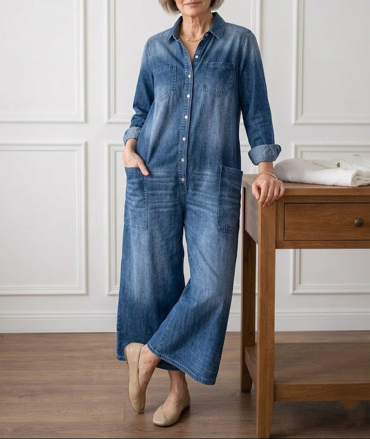 Diana | Combinaison en denim vintage délavé au toucher coton doux, boutonnée
