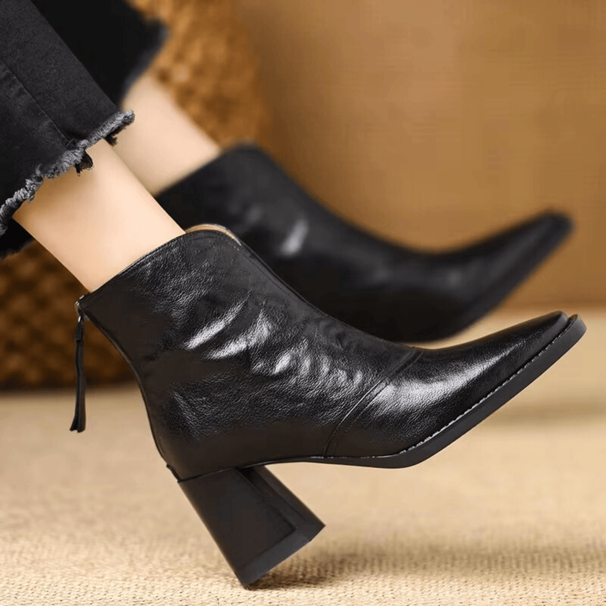 Mid-Heel Leather Ankle Boots
