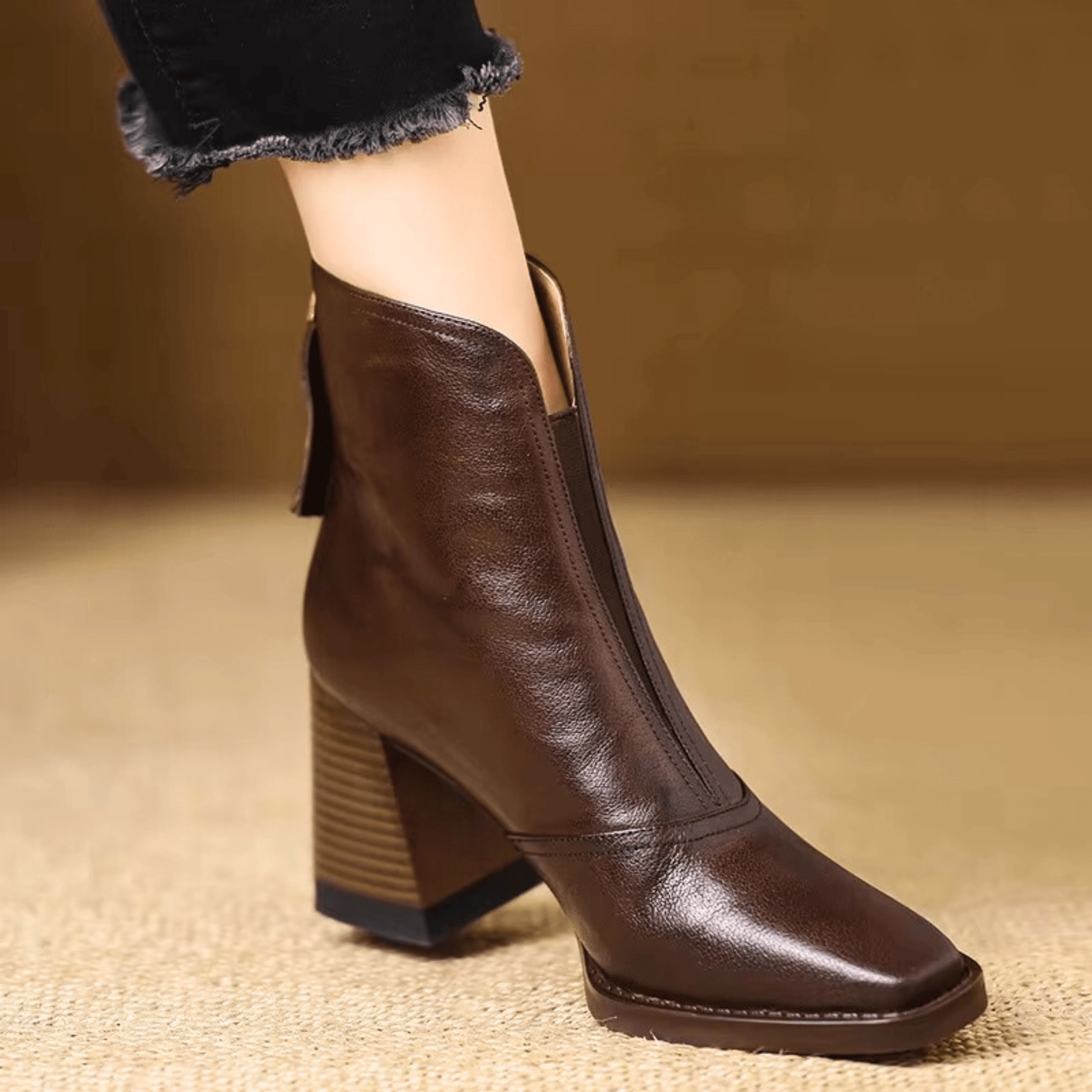 Mid-Heel Leather Ankle Boots