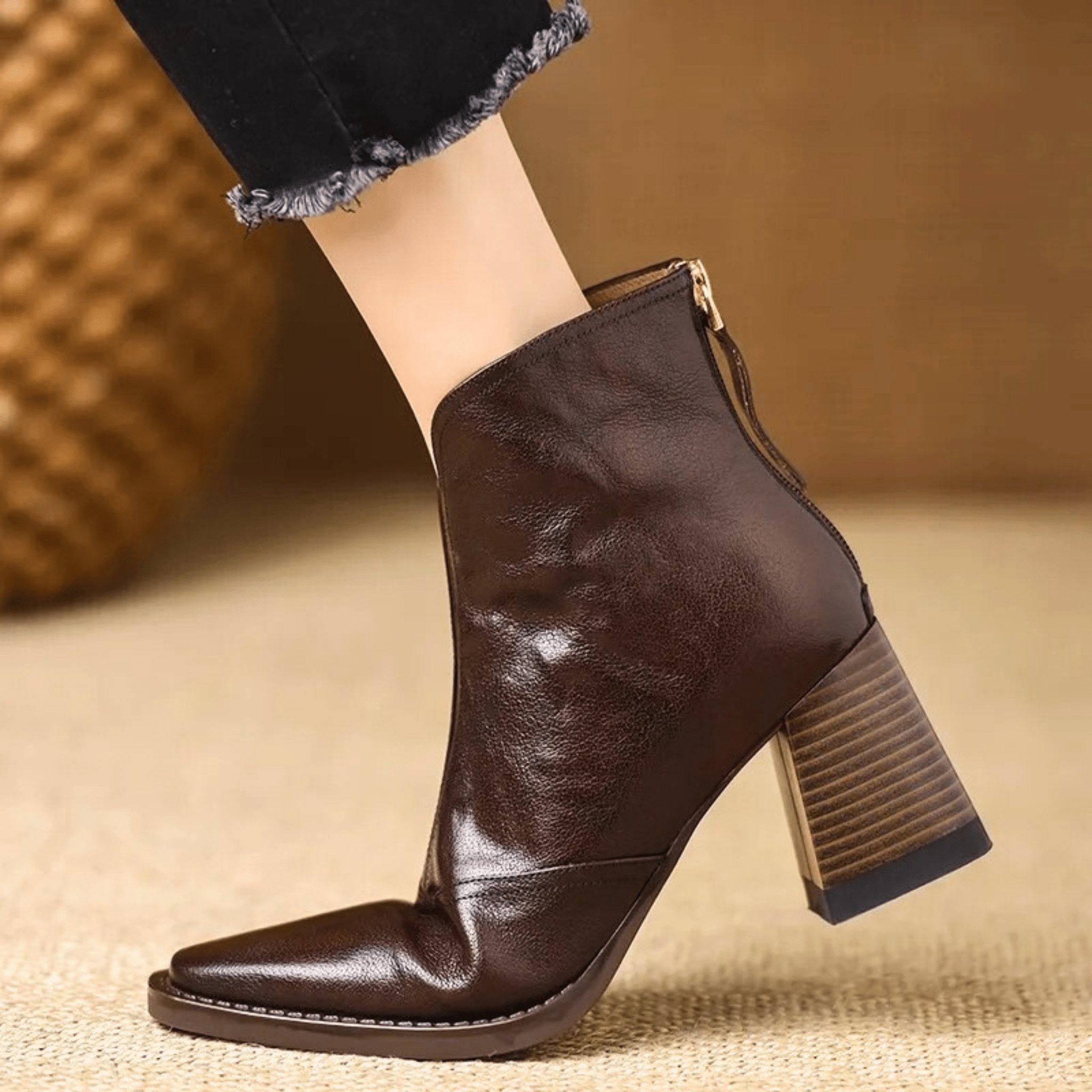Mid-Heel Leather Ankle Boots